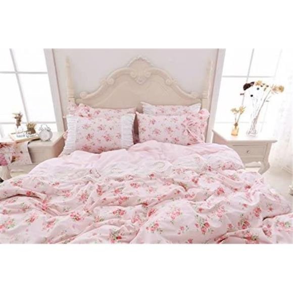 Floral Rose Print Duvet Cover Set Light Pink Lace Ruffle Floral Shabby Chic NWT - Picture 2 of 7